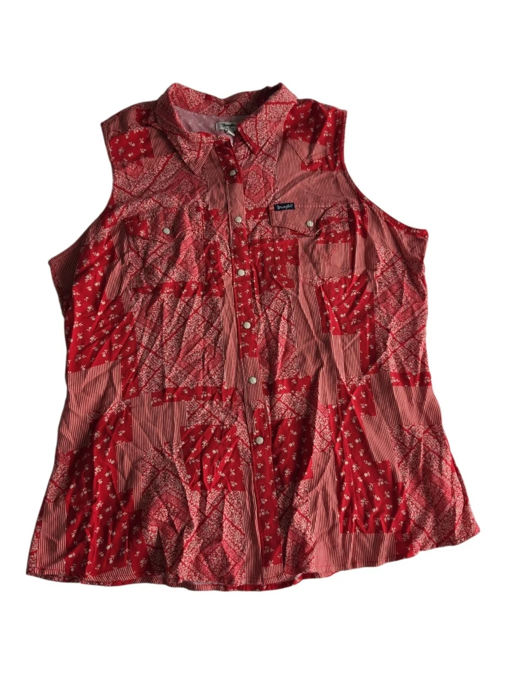 WRANGLER RETRO | Pearl Snap Western Bandana‎ Patchwork Sleeveless Top | XXL